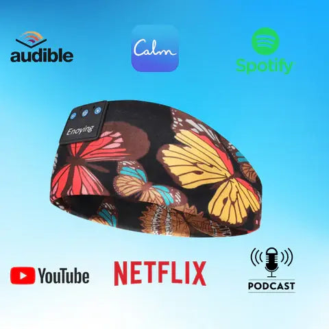 Close-up of the black butterfly-print SleepBandZ Bluetooth headband next to icons for Audible, Calm, Spotify, YouTube, Netflix, and podcast apps it can stream.