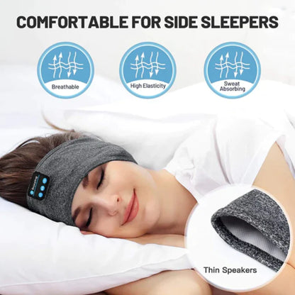 Grey SleepBandZ sleep headband on a side-sleeping woman, labeled Comfortable for Side Sleepers with icons for breathable, high-elasticity, sweat-absorbing fabric and a close-up of the thin internal speaker.