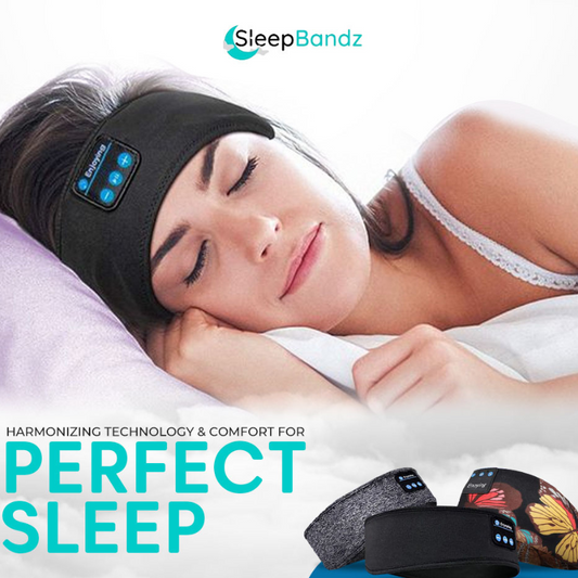 Woman sleeping on her side wearing a black SleepBandZ Bluetooth sleep headband, shown with the brand's three headband color options.